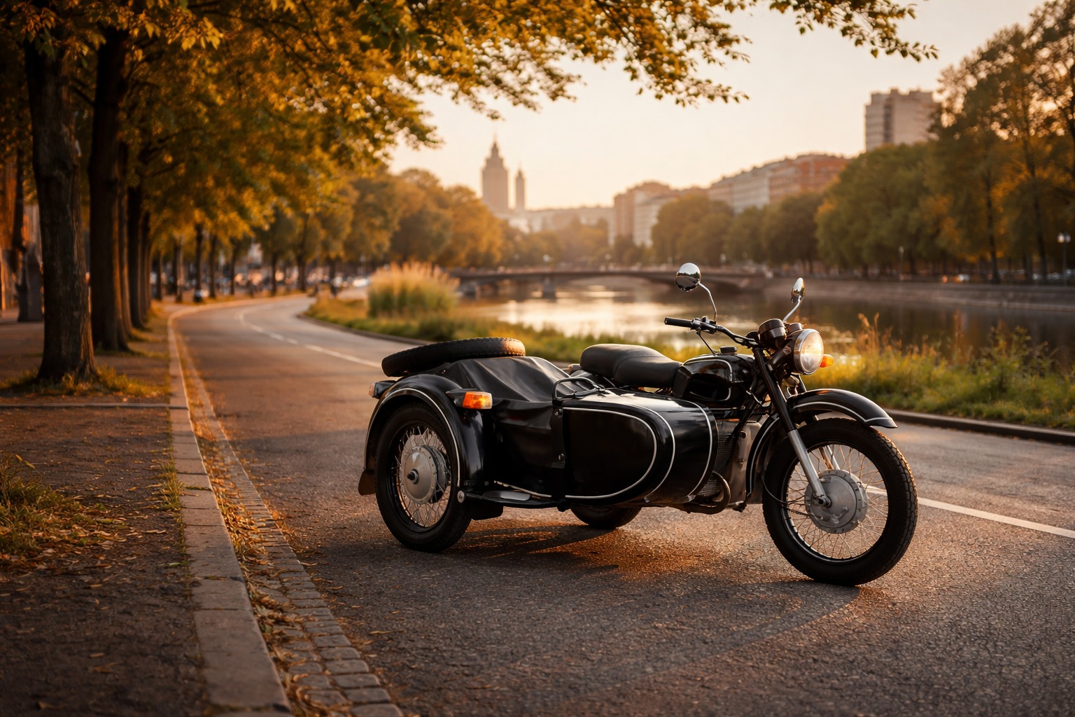 Motocicletă retro cu ataș pe alee de toamnă, frunze portocalii